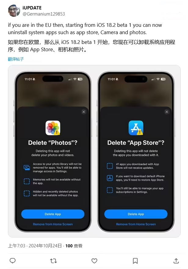 昌都苹果手机维修分享iOS 18.2 支持删除 App Store 应用商店 