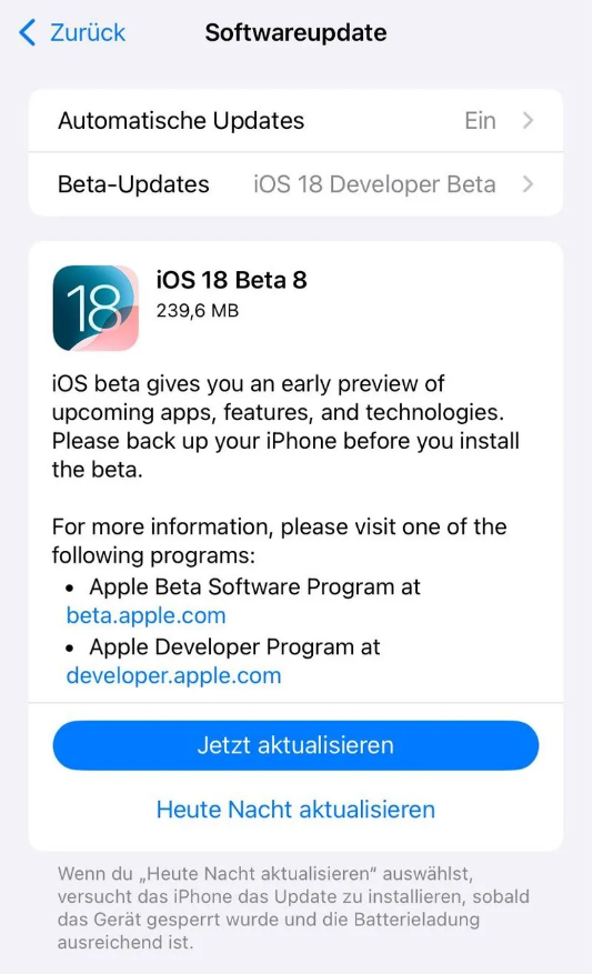 昌都苹果手机维修分享苹果 iOS / iPadOS 18 开发者预览版 Beta 8 发布 